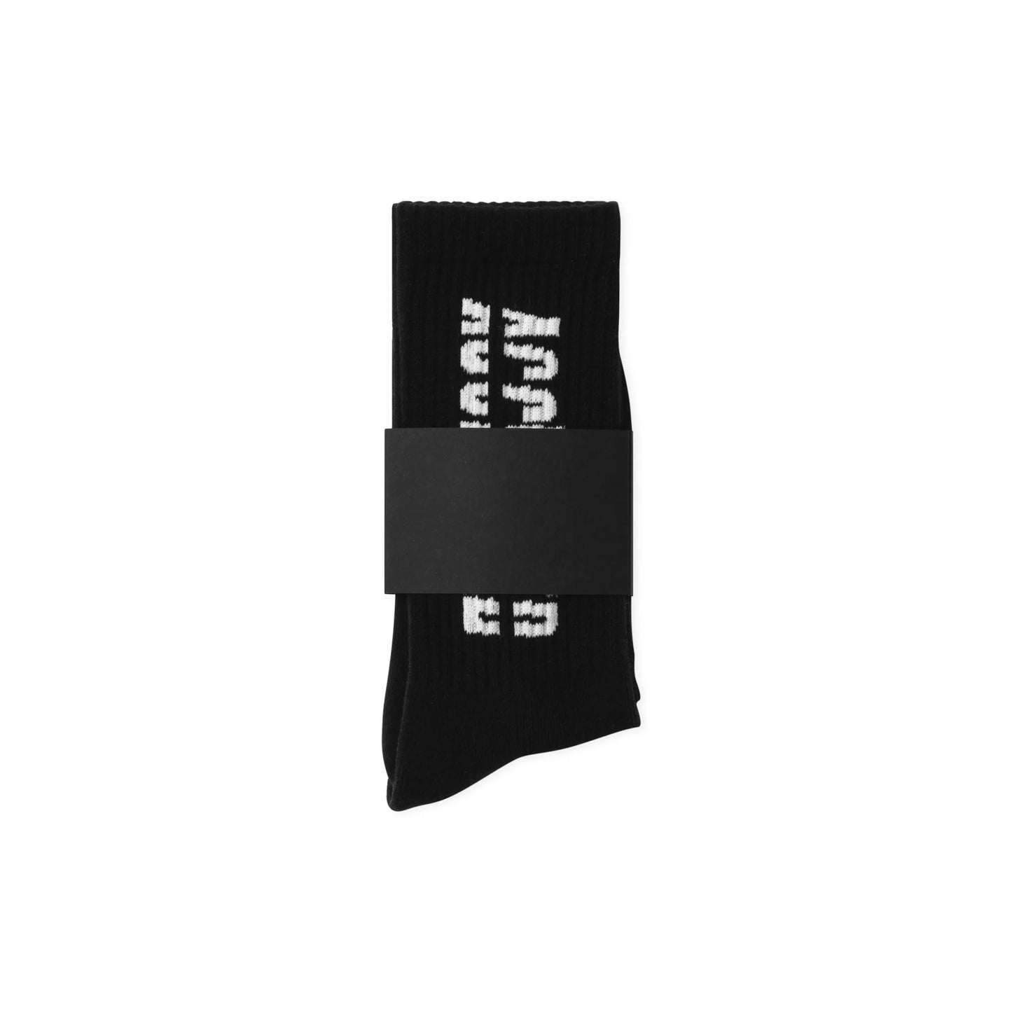 Black Socks featuring white logotype folded in packaging