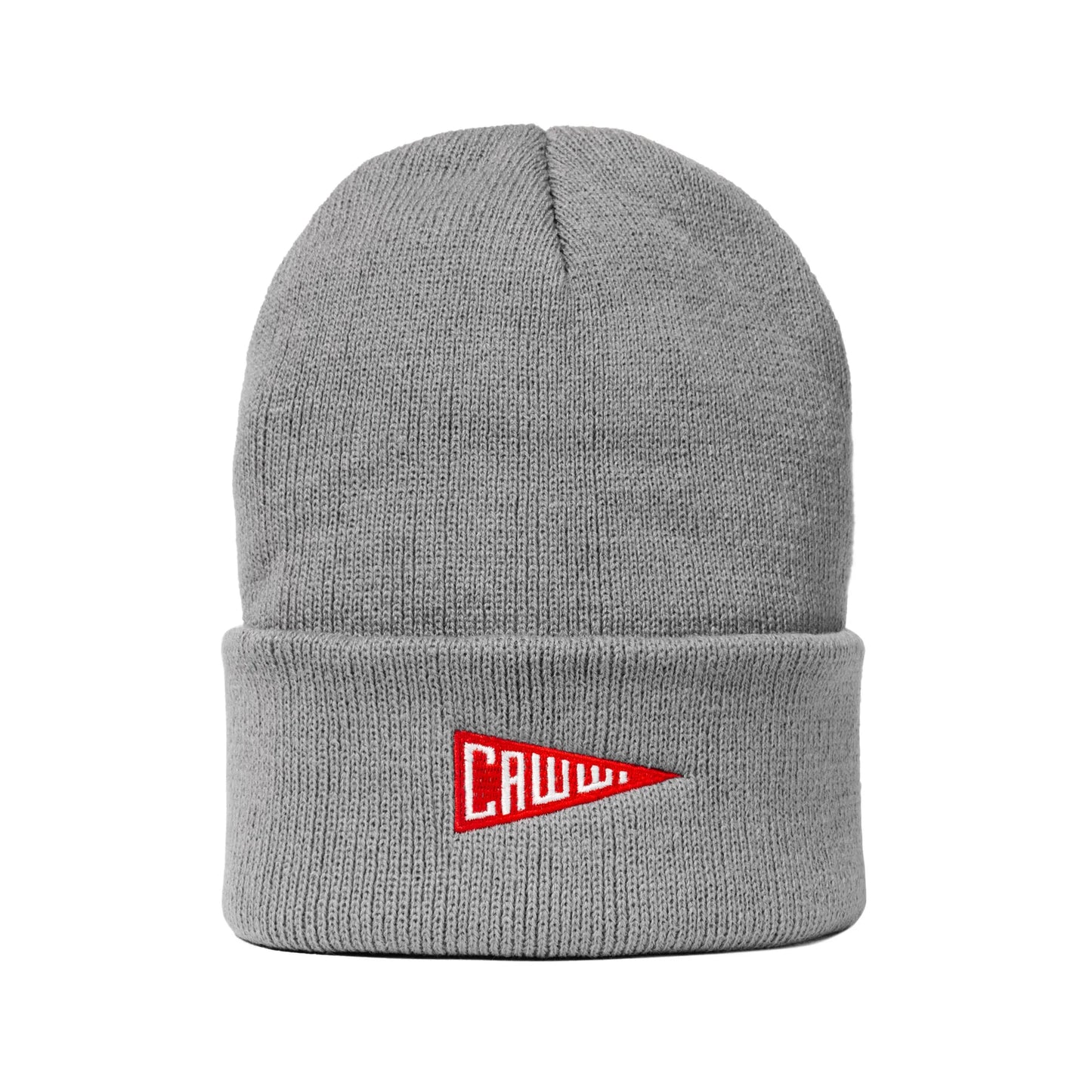 Grey knit beanie with red pennant embroidery