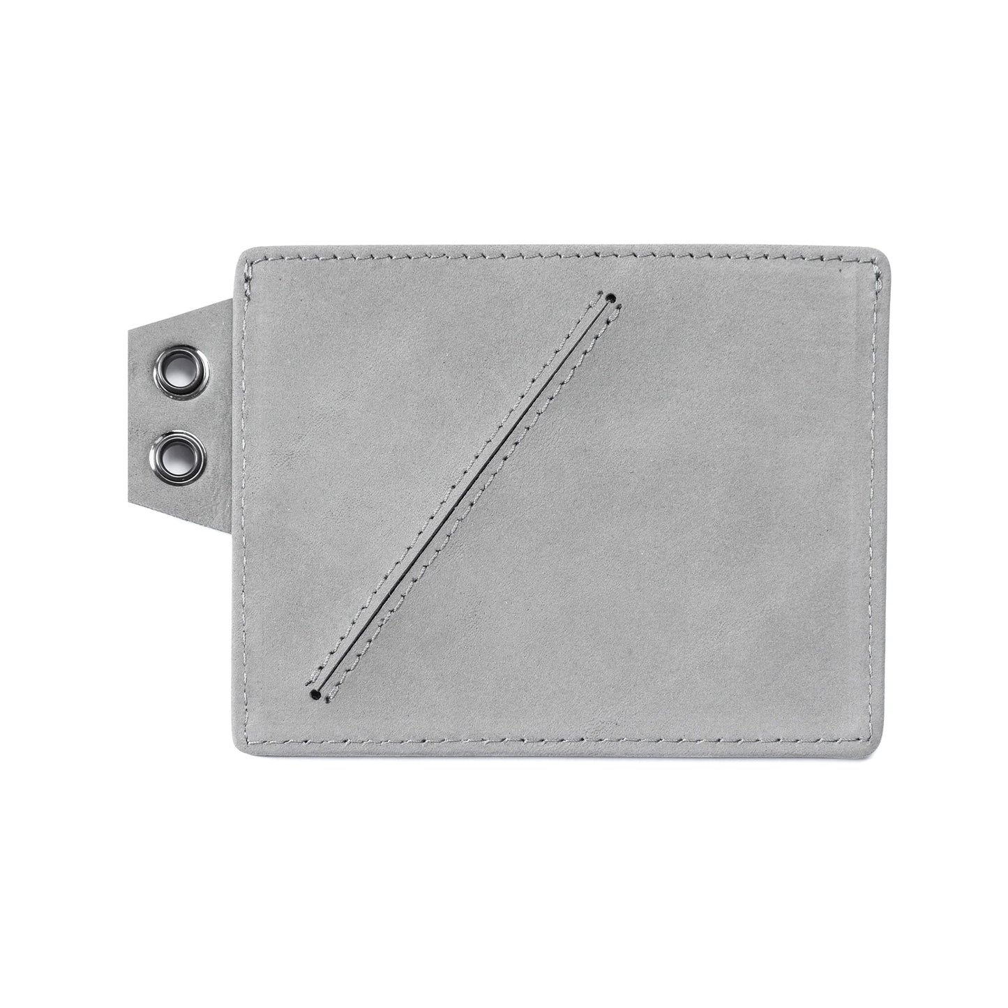 Back of a suede card holder featuring edge detailing and metal eyelets