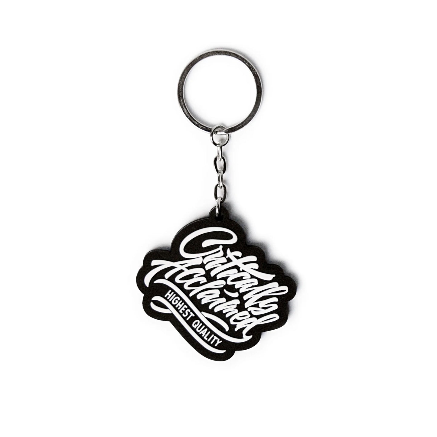 Critically Acclaimed Script Logo Ruber Keyring