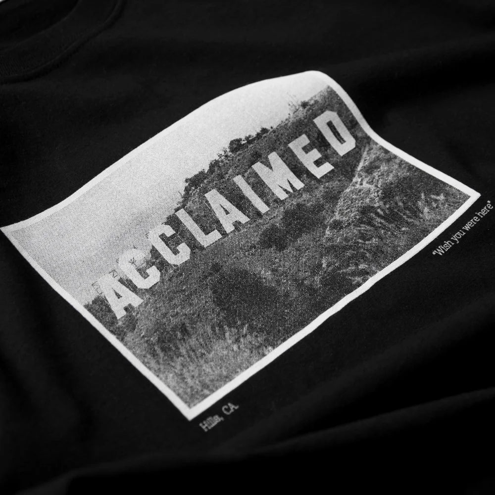 Acclaimed Hills T-Shirt Black Front Print Close Up