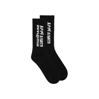 Black Socks featuring white logotype inspired by the Buzzcocks