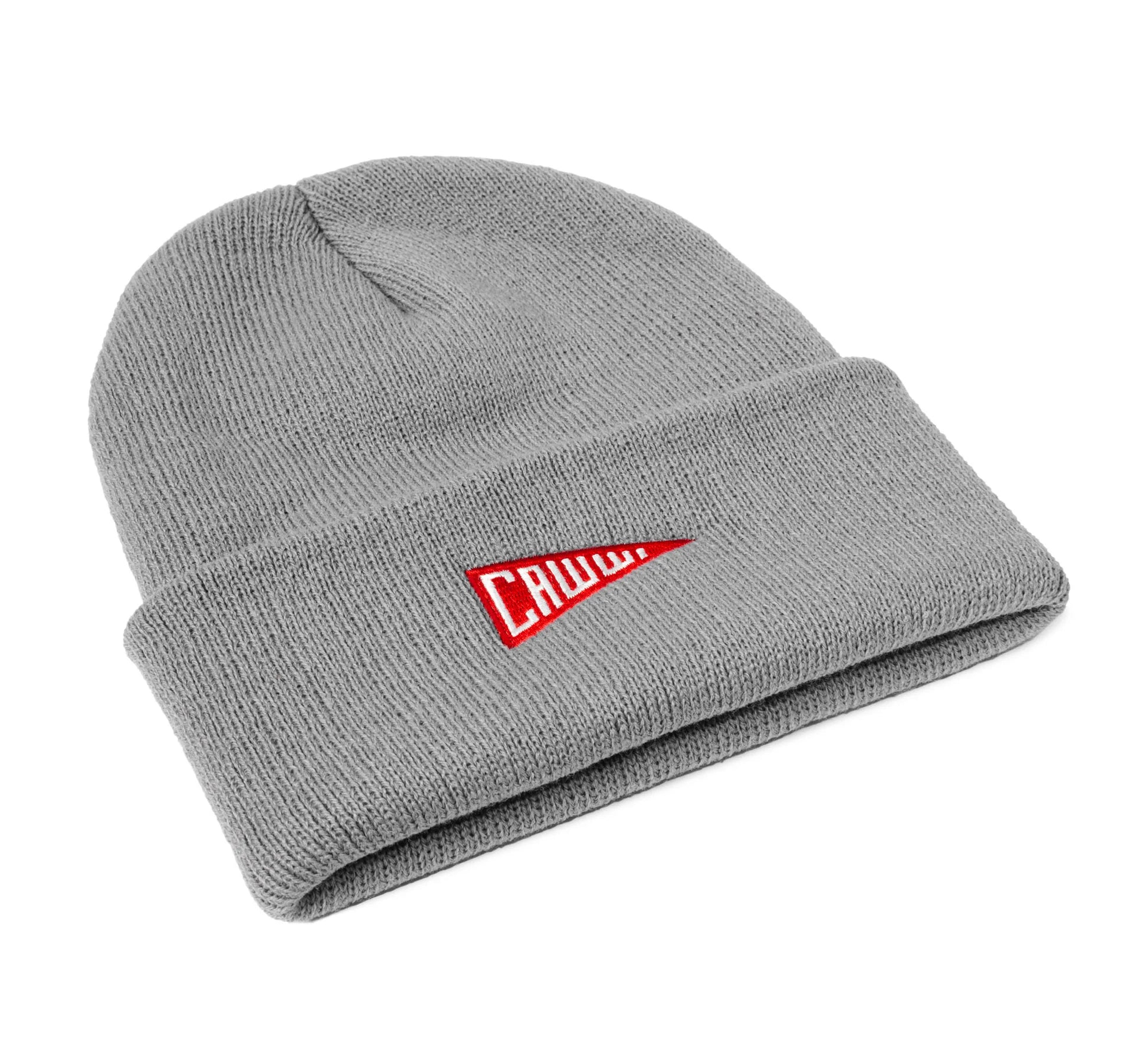 Grey knit beanie with red pennant embroidery laid flat