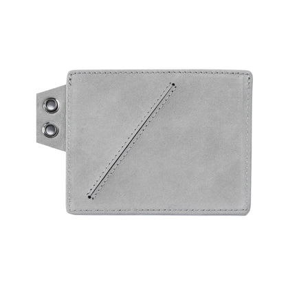 Back of a suede card holder featuring edge detailing and metal eyelets