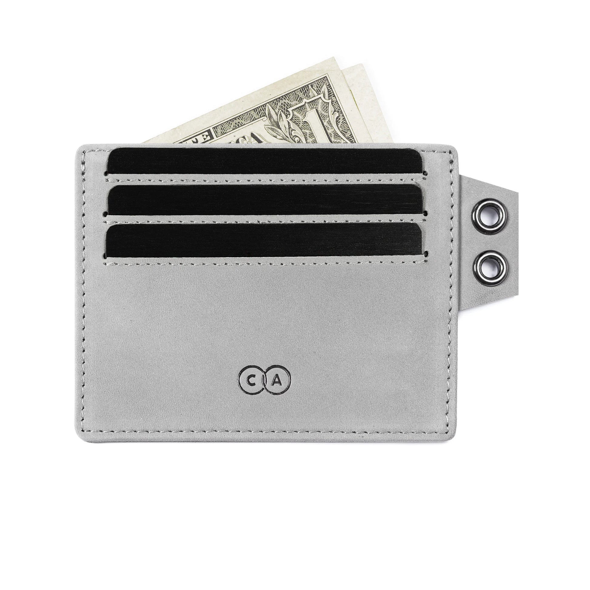 debossed card holder with black credit cards and dollar in pockets