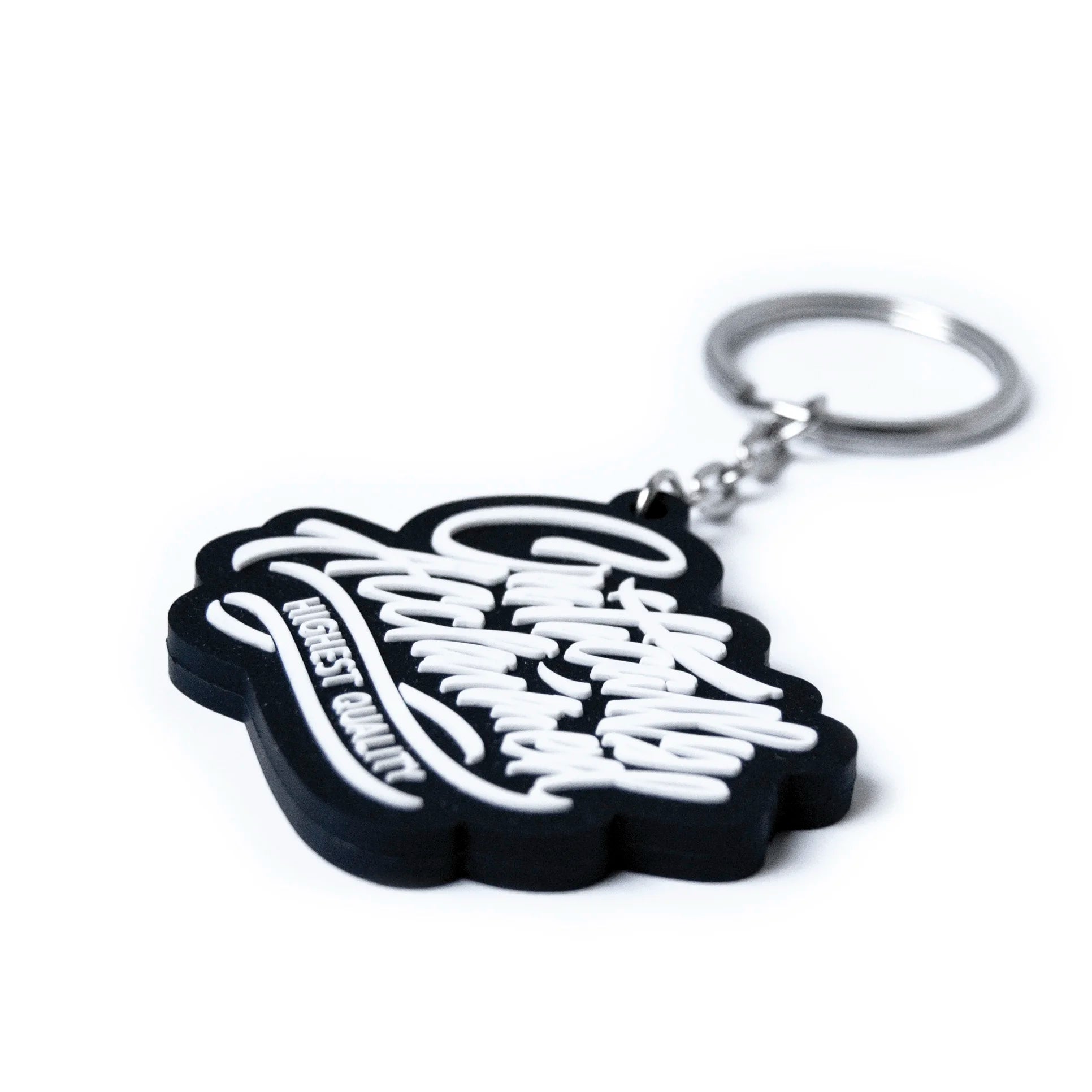 Critically Acclaimed Script Logo Ruber Keyring Close-Up