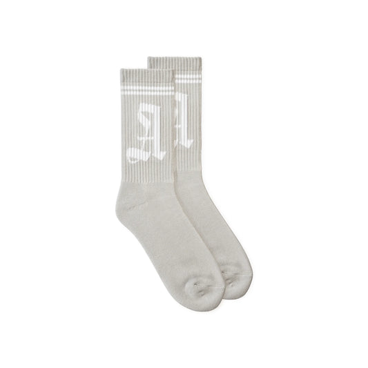 Natural grey sports socks featuring white A initials