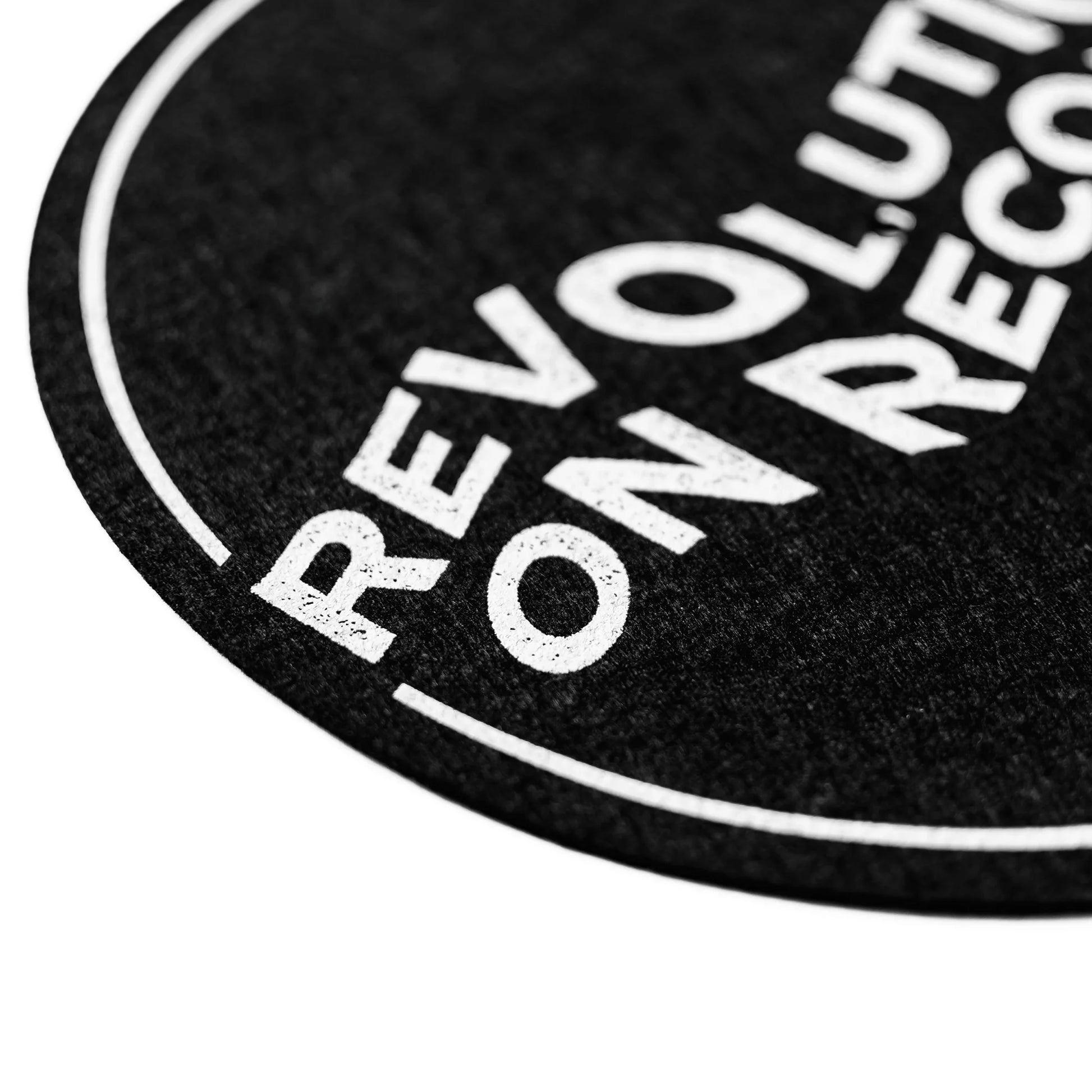 Black felt slipmat for vinyl records close up of print